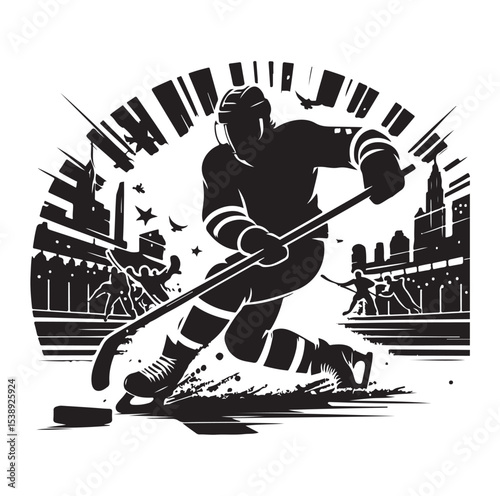Ice hockey arena player shooting Competitive Team Intense Game. professional forward player