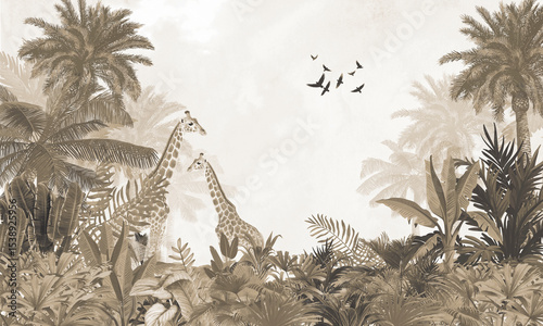 Photography Aged Wildlife Wall Mural: Faded Sepia Giraffe in Tropical Forest Background