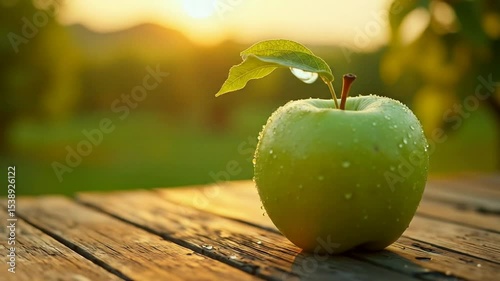 Close Up of a Green Apple With Water Droplets on a Wooden Table