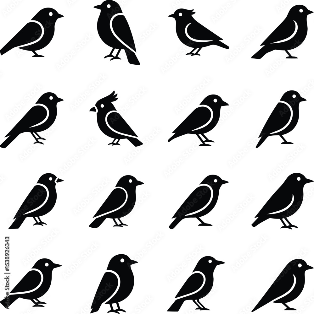 Fototapeta premium Sixteen black bird icons set simple design