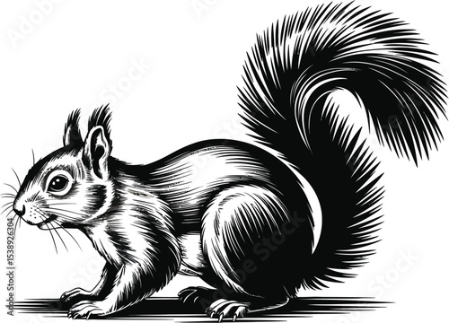 A black and white illustration of a squirrel with a bushy tail