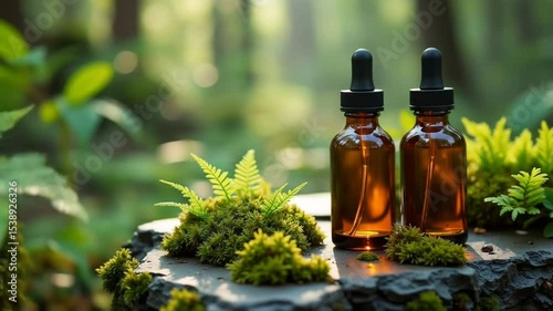 Two Glass Bottles with Droppers on Mossy Stone Slab in Lush Greenery