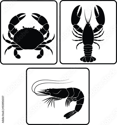 Seafood icons crab lobster shrimp silhouette
