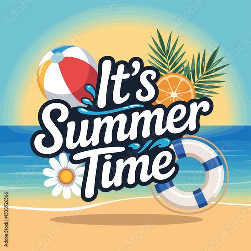 Summer time beach vacation vector illustration with beach ball and life preserver design asset