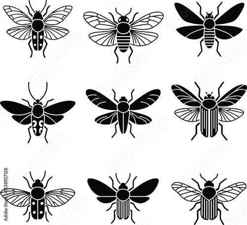 Nine black insect icons set vector illustration