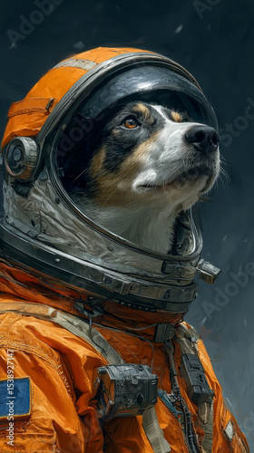 Futuristic dog astronaut in orange suit gazes at glowing stars.