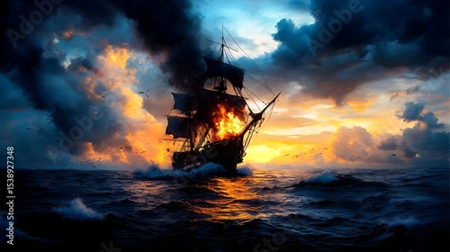 Burning Galleon Sunset Ocean Storm