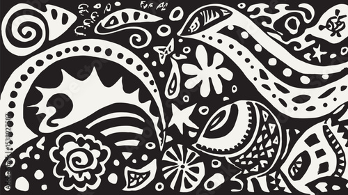 Abstract shapes interweave monochrome background texture creating pattern