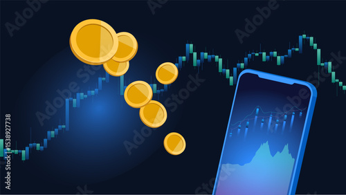 Financial charts and curves on dark background with phone and coins, vector illustration