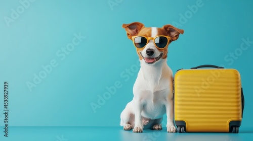 An adorable pet dog sitting and leaning on a stylish, vintage-inspired travel suitcase, conveying a sense of adventure and companionship.