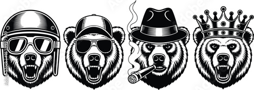 Four bear heads wearing different accessories in black and white art