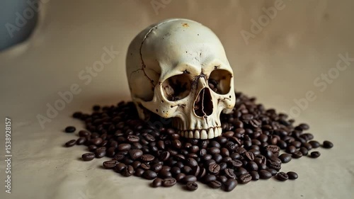 Skull Resting on Pile of Roasted Coffee Beans Dark Aesthetic