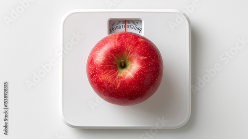 Overhead image of red apple on food scale with white background showing clean diet and portion control balance