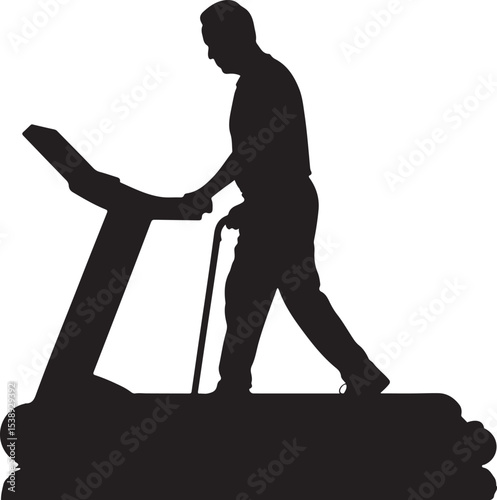 Silhouette of a Man Walking on Treadmill with Cane for Rehabilitation