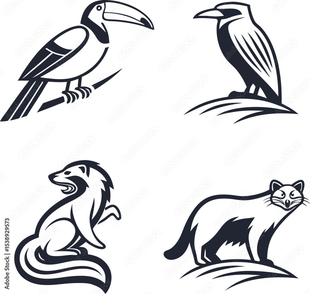 Fototapeta premium Elegant Wildlife Animal Illustrations Toucan, Crow, Ferret, Cat Designs