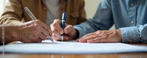 Elderly couple's hands signing document at desk, wealth, investment, wealth