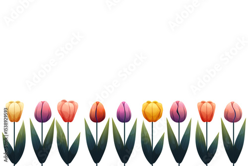 Floral frame with colorful tulips. Vector frame with yellow, red, pink, orange and purple tulips and green leaves on a white background. Perfect for spring design, invitations, packaging