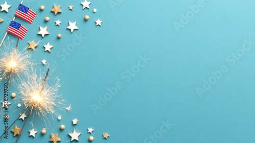 Happy 4th of July Background Top View. Festive Top View Background for Fourth of July Celebration with Sparklers and Decorative Stars