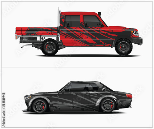 Red Pickup Truck and Black Sports Coupe with Abstract Designs