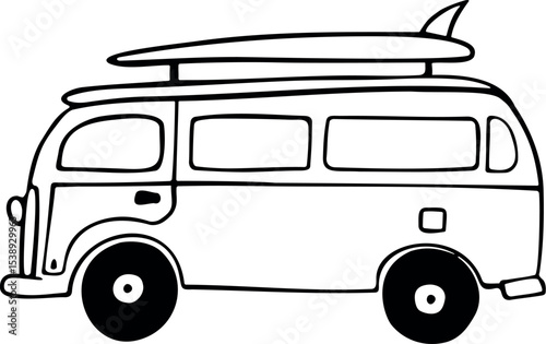 Illustration of vintage camper van with surfboard vector illustration for summer travel and road trip adventures design vector