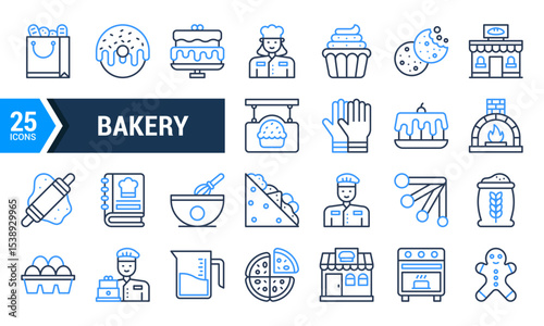 25 Bakery Icons in Blue and Black Line Style.