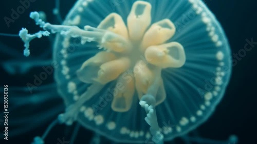 Floating Jellyfish Gracefully Moving in Dark Ocean Water Close Up