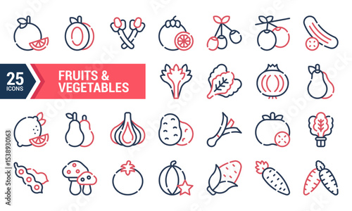 25 Line Icons of Fruits and Vegetables for Design Projects.