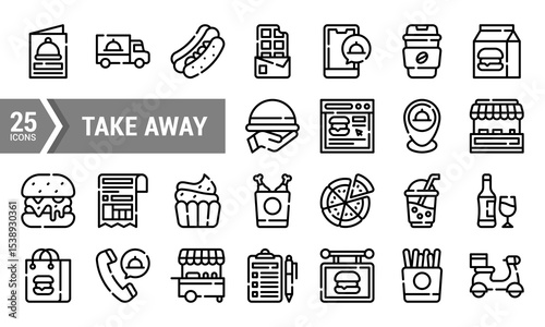 25 Colorful Take Away Food Icons in Lineal Cut Style.
