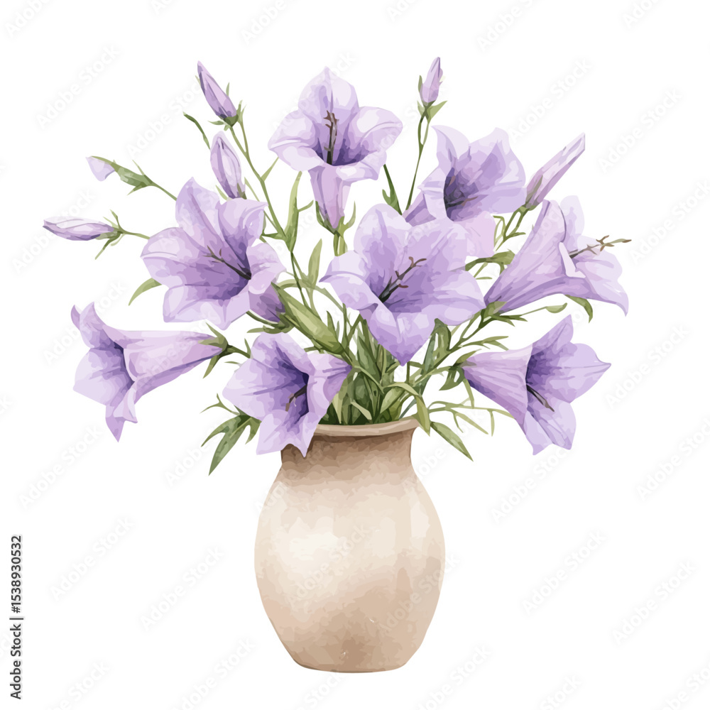 Naklejka premium A Clustered Bellflower In A Vase, watercolor drawing vector, isolated on a white background.