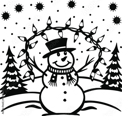Black and white snowman with Christmas lights and trees illustration