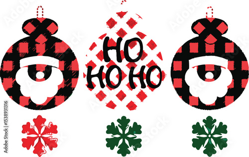 Christmas Ornament Set with Buffalo Plaid and Ho Ho Ho Design