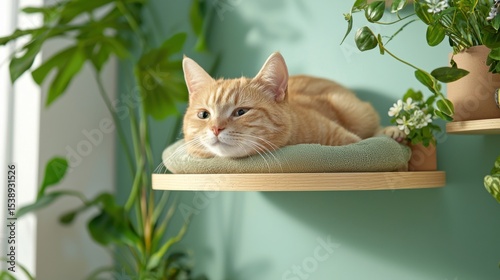 A domestic cat comfortably perched on wooden shelves, surrounded by cozy hammocks in a warm, inviting interior design
