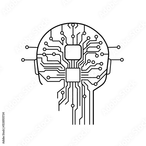 Detailed linear AI head illustration with complex circuit pathways, symbolizing advanced neural computation and machine reasoning.