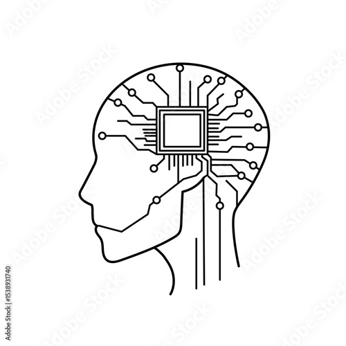 Minimal line art of a human head with a central microchip, representing artificial intelligence and neural integration. Clean outline with tech circuit elements on white background.