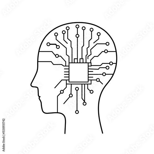 Vector outline of a side-view human head with radiating circuit lines from a chip center. Represents deep learning and smart human-machine fusion.