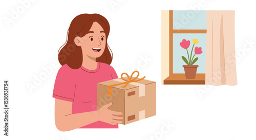 Flat illustration of a woman holding a freshly delivered package while standing inside her home, joyful and surprised face
