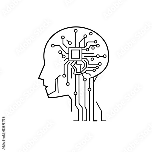 Side profile of a tech head with a built-in chip and data lines, clean and simple outline illustration showing intelligent interface design.