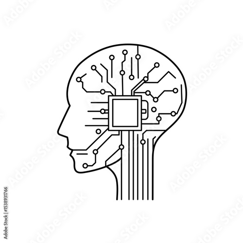 Vector icon of a stylized head with exposed chip and geometric structure, minimal design representing digital enhancement and thinking machines.