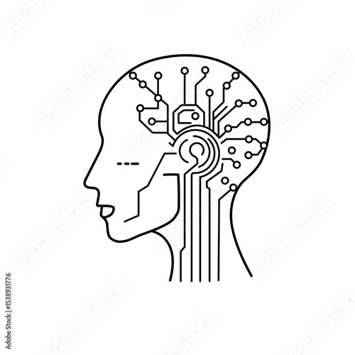 Outlined AI head with tech pattern and embedded chip surrounded by symmetric circuits. Represents balance between human and machine intelligence.