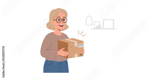 Flat illustration of a woman holding a freshly delivered package while standing inside her home, joyful and surprised face