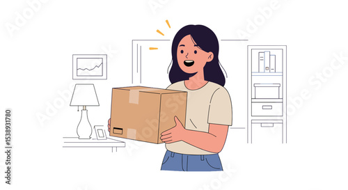 Flat illustration of a woman holding a freshly delivered package while standing inside her home, joyful and surprised face