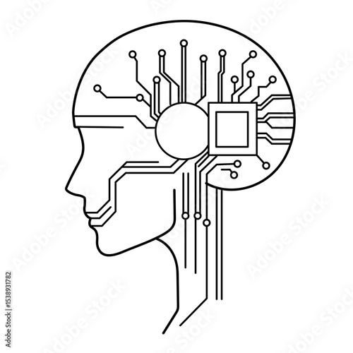 Futuristic profile of an AI head with integrated circular tech core and circuit strands, clean line design for digital technology themes.