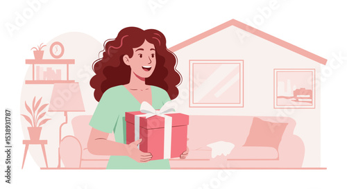 Flat illustration of a woman holding a freshly delivered package while standing inside her home, joyful and surprised face