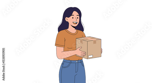 Flat illustration of a happy woman opening her front door to receive a delivery box, smiling at the delivery person