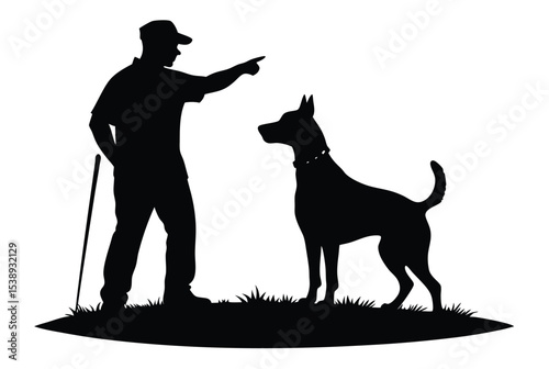 Dog trainer teaching obedient dog on field silhouette vector illustration for pet training concept