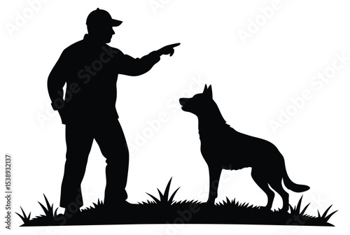 Dog trainer teaching obedient dog on field silhouette vector illustration for pet training concept