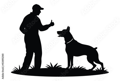 Dog trainer teaching obedient dog on field silhouette vector illustration for pet training concept