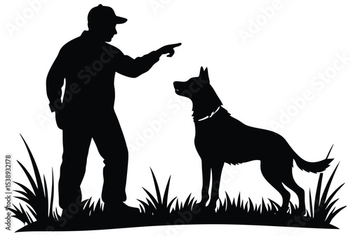 Dog trainer teaching obedient dog on field silhouette vector illustration for pet training concept