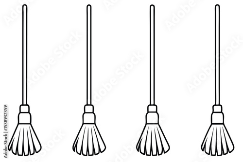 Four Simple Line Drawings of Broomsticks Cleaning Supplies Illustrations