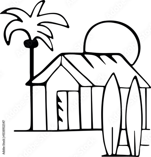 Illustration of beach hut with surfboards and palm tree vector illustration for summer vacation and tropical getaway designs vector